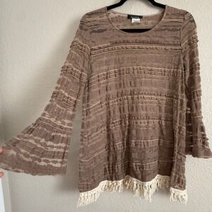 Y2K Womens Medium Brown Fairy Top Sheer Lace Boho Indie Festival Flare Fringe